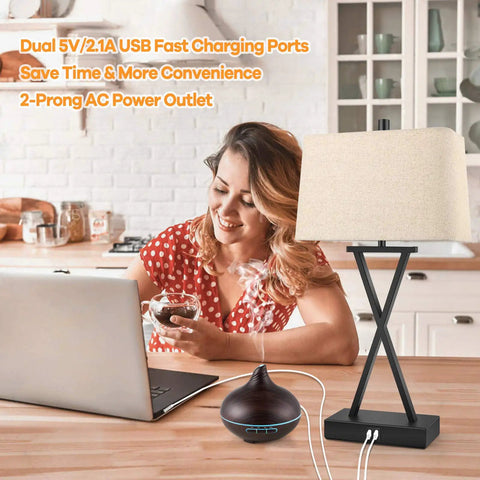 Set Of 2 Touch Control 3-Way Dimmable Table Lamps With USB Ports And Fabric Shade, Cream Finish, on kitchen counter