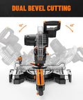 Slick 10 Inch Dual Bevel Sliding Compound Miter Saw With A Hella Beefy 15 Amp Motor, showcasing dual bevel cutting at 45 degrees.