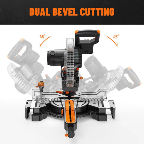 Slick 10 Inch Dual Bevel Sliding Compound Miter Saw With A Hella Beefy 15 Amp Motor, showcasing dual bevel cutting at 45 degrees.