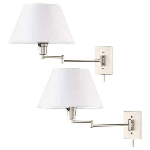 Set Of 2 15-Inch Sleek Modern Swing Arm Wall Sconces With White Empire Fabric Shades, 2-In-1 Plug-In Or Hardwired, 3-Way Switch