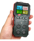 Hand holding Portable 4 In 1 Gas Detector for O2 H2S CO and Combustible Gas Content with Easy Readouts, battery-powered
