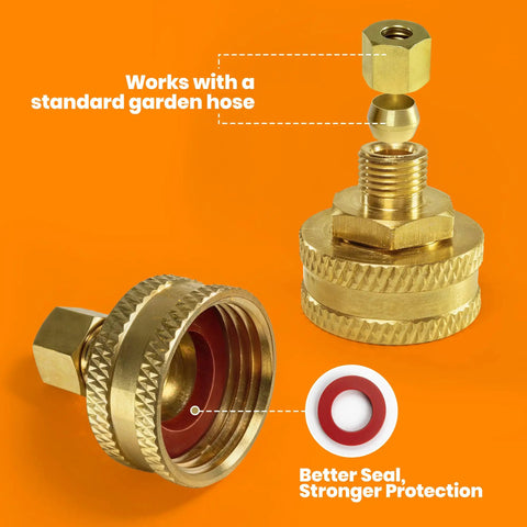 3/4 Inch FHT To 1/4 Inch Compression Brass Adapter With Swivel End, 1 Pack, Perfect Fit For Garden Hose And Plumbing Projects, Works With Copper Lines And Evaporative Coolers, Includes O Ring. Brass adapter with swivel end and O-ring on orange background