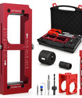 Job Site Ready Door Hinge Jig Kit And Lock Installation Template With Tough Hard Shell Storage Case includes red jig, hole saws, and tools.