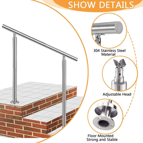 Top Shelf 304 Stainless Steel Handrail For Outdoor Deck Stairs And Porch With No Hassle Install Kit Adjustable Height Up To 55 Inches Heavy Duty 550 Lb Support Railing mounted on brick steps with adjustable head