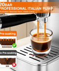 Professional 20 Bar Espresso Machine With Visible Pressure Gauge And Swivel Steam Wand For Silky Milk Foam And Smooth Operator Performance Daily Countertop Coffee Maker pouring espresso into a glass.