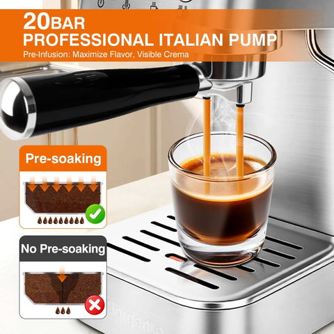 Professional 20 Bar Espresso Machine With Visible Pressure Gauge And Swivel Steam Wand For Silky Milk Foam And Smooth Operator Performance Daily Countertop Coffee Maker pouring espresso into a glass.