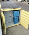 Built Tough Off Grid Modular Cold Room And Walk In Freezer System featuring solar panels and industrial blast chiller, open door view.
