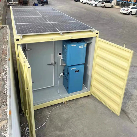 Heavy Duty Commercial Walk In Cold Storage Room Featuring Solar Cooling Panels for Meat Seafood and Food Processing, exterior view with open doors.