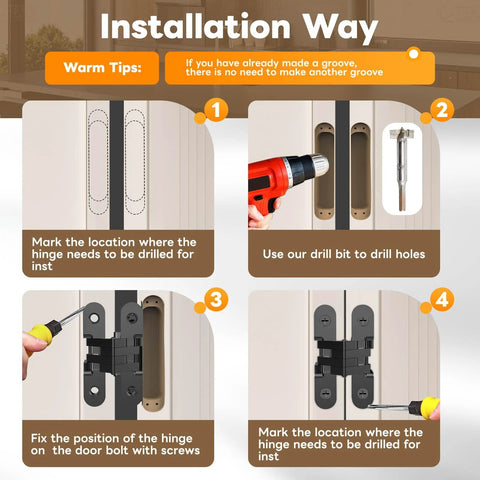 Installation instructions for Invisible Cabinet Hinge Set For Clean Minimal Doors No Drama With 180 Degree Hidden Hinges And Quiet Close Concealed Hardware Black 0.63 To 2.76 Inches 4 Pack DIY Friendly Supports Up To 33 Lbs Mdkave
