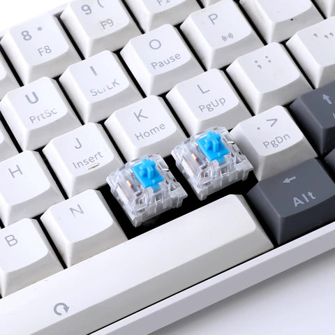 Fifty Pack 3 Pin Blue Clicky Mechanical Keyboard Switches For Typing And Gaming With 50gf Actuation Crisp Audible Feedback 2.2mm Actuation Point 4mm Travel Distance Durable Build For Tactile Lovers on white keycaps