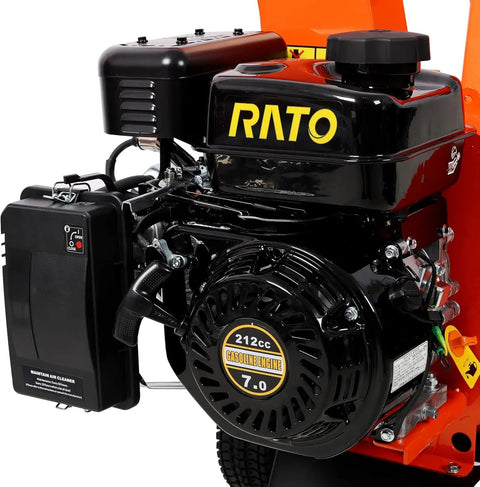 Close-up of 212cc OHV engine on Rugged 7HP Gas Powered Wood Chipper Shredder Mulcher for Gardening Orange Compact Yard Power