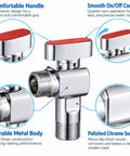 Top Shelf 1/2 Inch Brass Angle Shut Off Valve With Slick Chrome Coating And Hassle Free Red Handle For Heavy Duty Water Heater And Home Plumbing Projects close-up showing ergonomic red handle and polished chrome surface.