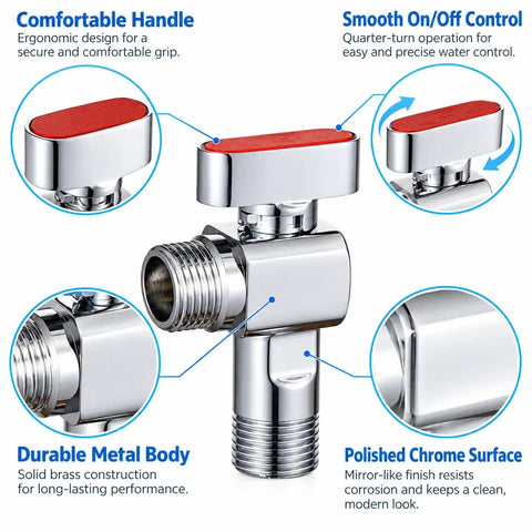 Top Shelf 1/2 Inch Brass Angle Shut Off Valve With Slick Chrome Coating And Hassle Free Red Handle For Heavy Duty Water Heater And Home Plumbing Projects close-up showing ergonomic red handle and polished chrome surface.