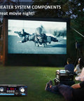 Outdoor movie night setup with projector screen and Compact Stereo Amplifier With Bluetooth 5.0 And 2 Channel Output for home audio.