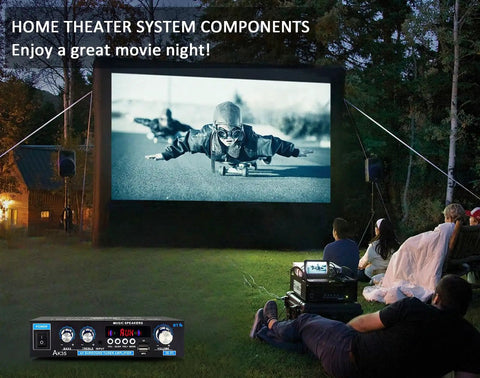 Outdoor movie night setup with projector screen and Compact Stereo Amplifier With Bluetooth 5.0 And 2 Channel Output for home audio.