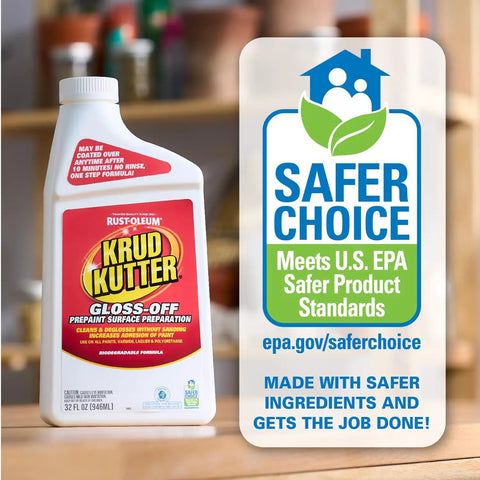 Prepaint Surface Prep Cleaner For Cabinets Trim Doors And Furniture No Sanding Needed Removes Dirt Grease And Gloss For Superior Paint Adhesion 32 Oz Deglosser bottle beside EPA Safer Choice label.
