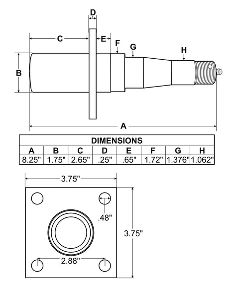 Beefy Five Bolt On Four And A Half Inch Hub Assembly With Flanged Tapered Spindle From One And Three Eighths Inches To One And One Sixteenths Inches And Bearings Included For Heavy Duty Trailer And Vehicle Hub Performance dimension diagram