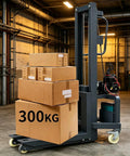 Handy Electric Pallet Stacker With Winch Lifts 600 Lbs Heavy Gear stacked with boxes in warehouse, 300kg capacity.