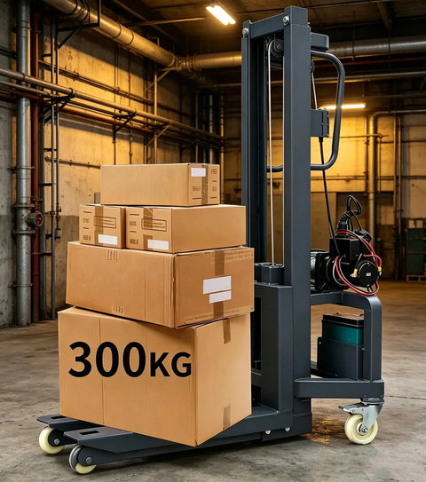 Handy Electric Pallet Stacker With Winch Lifts 600 Lbs Heavy Gear stacked with boxes in warehouse, 300kg capacity.