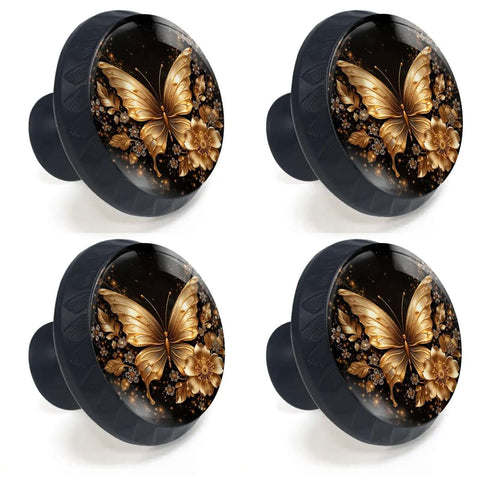 4 Pack Golden Butterfly Cabinet Knobs With Matte Black Base, Elegant Floral Accents And Rhinestone Details For Kitchen