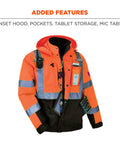 High Visibility Reflective Winter Bomber Jacket With Zip Out Fleece Liner ANSI compliant, orange with black bottom, added features visible