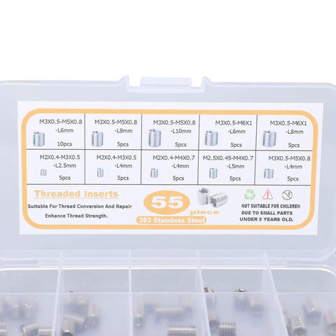 Open kit of 55 Piece Metric Threaded Insert Kit With Thread Reducer Nuts For Metal Repair And Mechanical Assembly M2 M2.5 M3