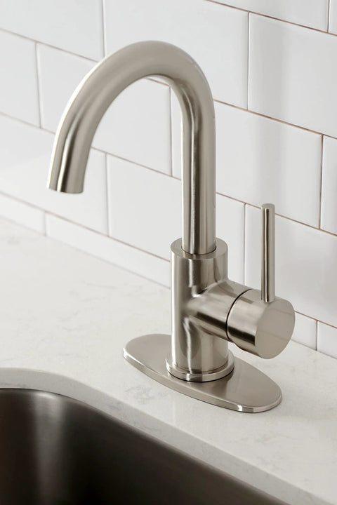 Concord Bar Faucet Brushed Nickel, Deck Mount 1-Hole Install With Cover Plate shown on white countertop next to a bar sink