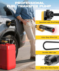 Heavy Duty Cordless Fuel Transfer Pump Rechargeable Battery Gas Dispenser Hose With Savage Flow Rate And No Sweat Setup For Swift Refueling Shop Tasks, connected to a red container.