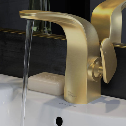 Brushed Gold Single Hole Bathroom Faucet with Single Handle, Solid Brass Construction, 1.2 GPM Flow, water running