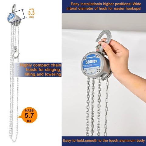 Compact Mini Hand Chain Hoist Built Tough With One Quarter Ton Capacity, 10ft Lift, Dual Chains, 0.8 Inch Hook, 550lb Manual Chain Fall For Garage, Engine Lifts And Workshop Use, aluminum body, 3.3 inch compact size