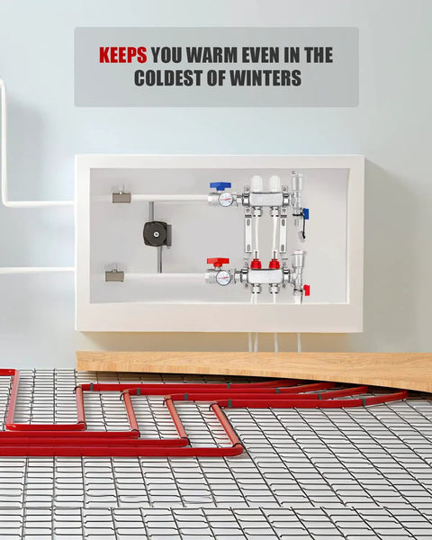 Two Loop Radiant Floor Heating Manifold For PEX Tubing, Pro Grade Hydronic System in wall with visible red tubing, stainless steel.