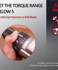 Hand adjusting the torque setting below 5 on a drill, highlighting safe usage instructions for optimal control.