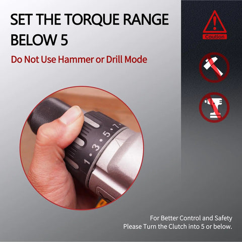 Hand adjusting the torque setting below 5 on a drill, highlighting safe usage instructions for optimal control.