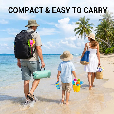 Family carrying Mint Green Beach Tent With Anti UV Sun Shade Portable 3 Person Shelter on beach walk