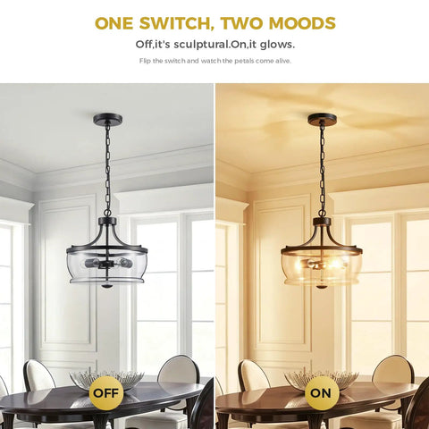 Firedanz 3-Light Glass Pendant Light, Height Adjustable in off and on states above a dining table.