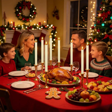 Family enjoying holiday dinner with Ivory Flameless Taper Candles With Timer 6 Pack Battery Operated LED Flickering 3D Flame Real Wax Candles