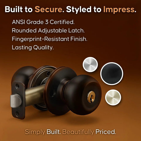 Keyed Entry Door Knob With Lock And Key ANSI Grade 3 Privacy Handle For Interior And Exterior Doors Tuscan Bronze