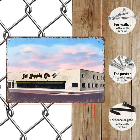 Building Vintage Metal Wall Art Signs From Industrial Grade Aluminum Ultra Durable Rust Resistant Decor For Home Or Office Walls With Self Forming Protective Oxide Layer And A Built To Last Premium Look. 8x12 metal sign on chain-link fence, wood wall, and gate