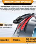 Innovative armor structure of all season 16 inch front windshield wiper blades with 12 inch rear wiper for Jeep Wrangler JL 2018 2019 2020 2021 2022 2023 OEM quality replacement pack of 3, showcasing red filling for enhanced durability and stability.
