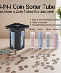 4 In 1 Coin Sorter And Wrapper Machine for Pennies Nickels Dimes Quarters with wrappers on table.