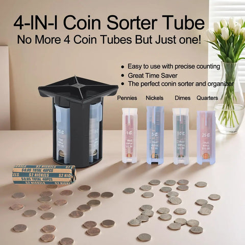 4 In 1 Coin Sorter And Wrapper Machine for Pennies Nickels Dimes Quarters with wrappers on table.