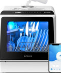 No Sweat Portable Countertop Dishwasher With Slick Wifi App Control, Five Liter Built In Water Tank, six fast wash cycles, filled with dishes.