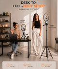 50 Inch Ring Light With Stand And Phone Tripod LED Ring Light With Remote 3 Color Modes, desk and full-body setup display.