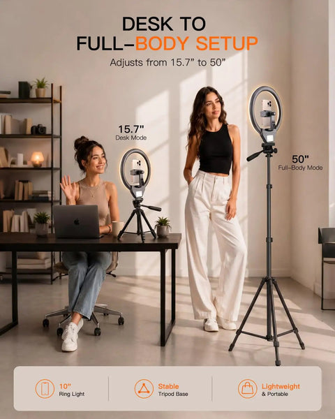 50 Inch Ring Light With Stand And Phone Tripod LED Ring Light With Remote 3 Color Modes, desk and full-body setup display.