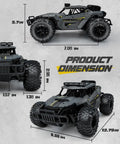 Beast 2WD RC Monster Truck dimensions with rugged tires, grey ABS shell, showcasing 7.08" height and 12.79" length.