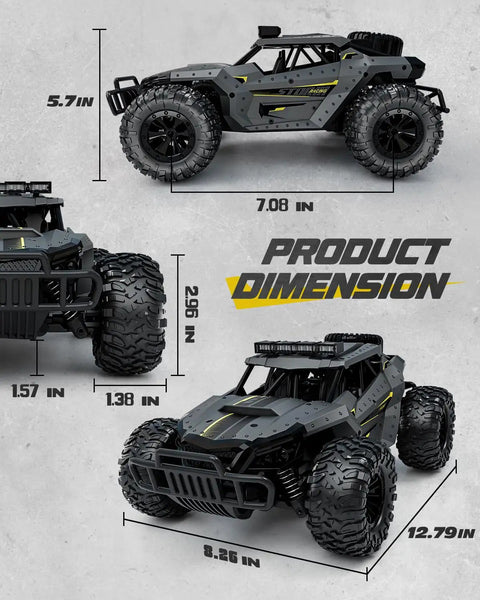 Beast 2WD RC Monster Truck dimensions with rugged tires, grey ABS shell, showcasing 7.08" height and 12.79" length.
