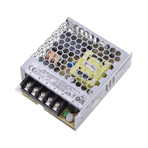 Beefy 50W 24V 2.2A Enclosed AC-DC Power Supply, Fanless 1U Low-Profile Silent Cooling, Adjustable 21.6-28.8V Output For Industrial Automation And Home Electronics. silver metal 1U enclosed power supply with screw terminals