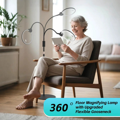 Woman reading with 10X Floor Magnifying Glass With Light And Stand, 5.1 Inch Real Glass Lens, 360 Degree Gooseneck in living room