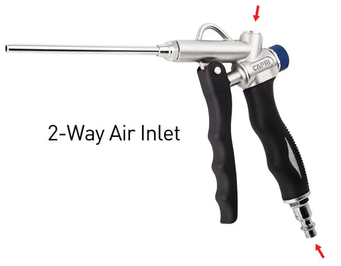 Two-Way Air Blow Gun With Adjustable Air Flow And Extended 4.5 Inch Nozzle, aluminum body, black grip, side view