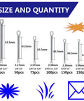 Heavy Duty Cotter Pin Assortment Kit With 555 Steel Cotter Pins, Clips And Fasteners size and quantity chart